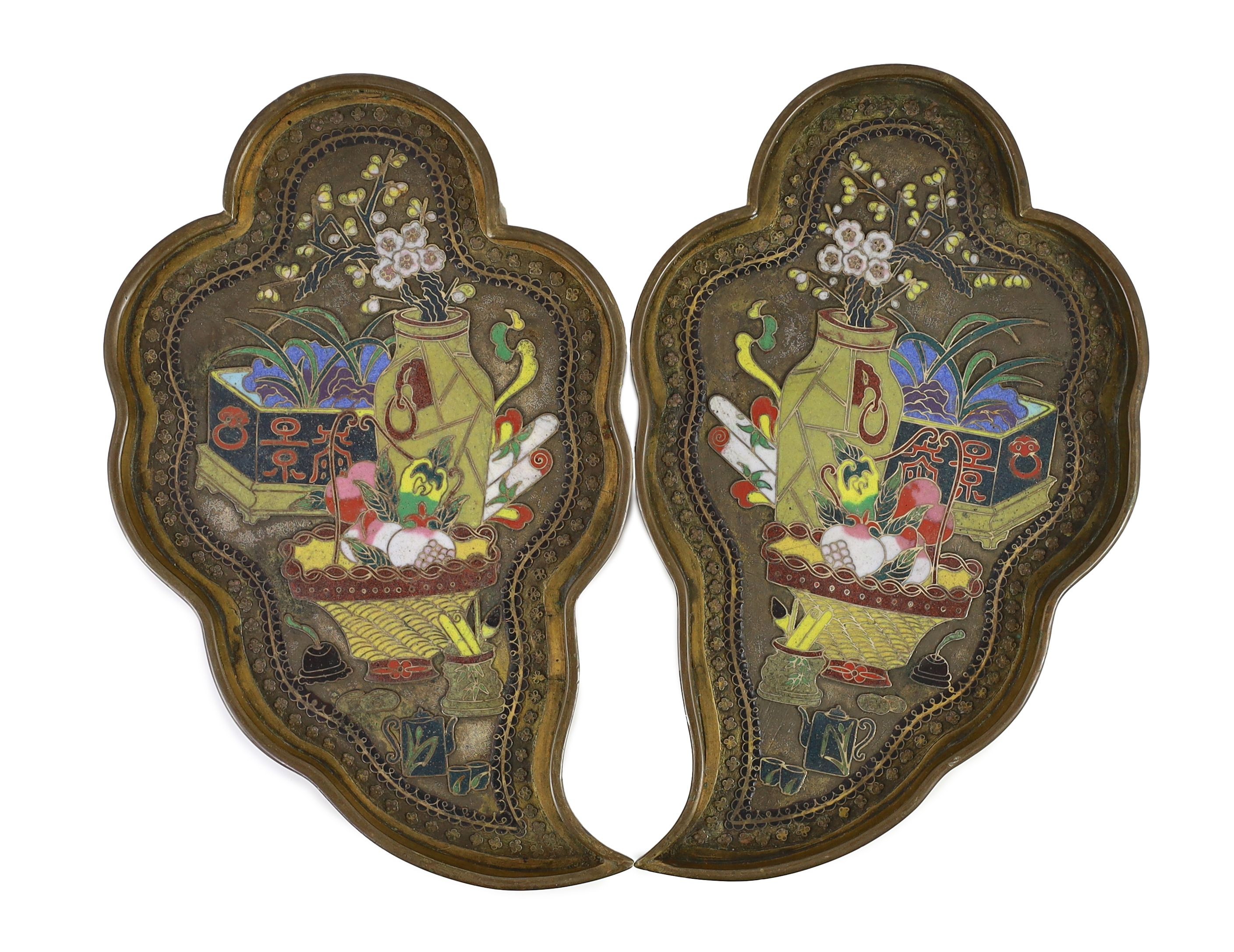 A pair of Chinese cloisonné enamel artemisia leaf shaped bronze trays, late 19th century, 19cm long